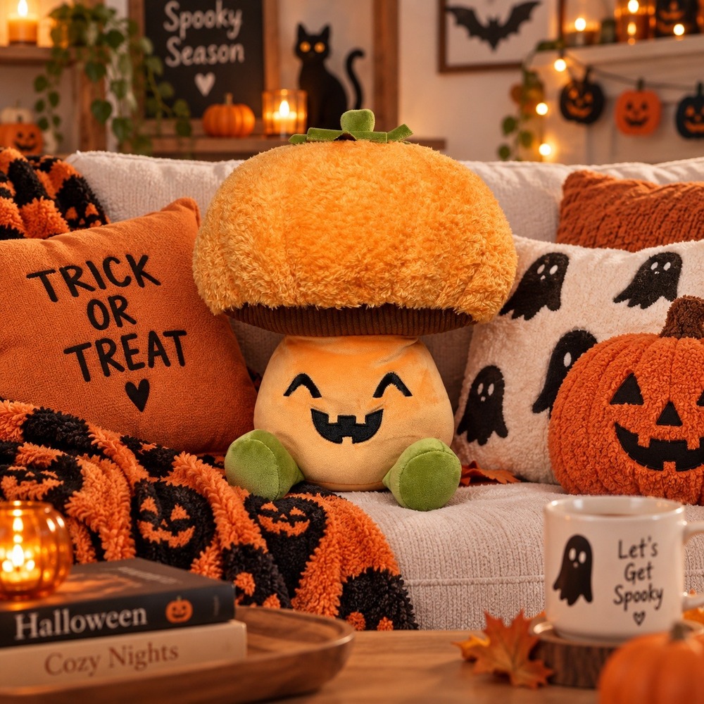 Linzy Toys Halloween Pumpkin Mushroom Plush 10 Inch Orange Jack O Lantern Decor